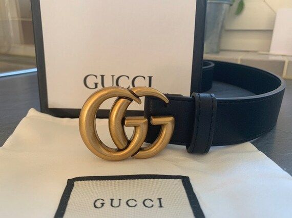 New Authentic Gucci Double GG Gold Buckle Belt ” Black Leather Women Belts -3.8 Width Black Bel... | Etsy (US)
