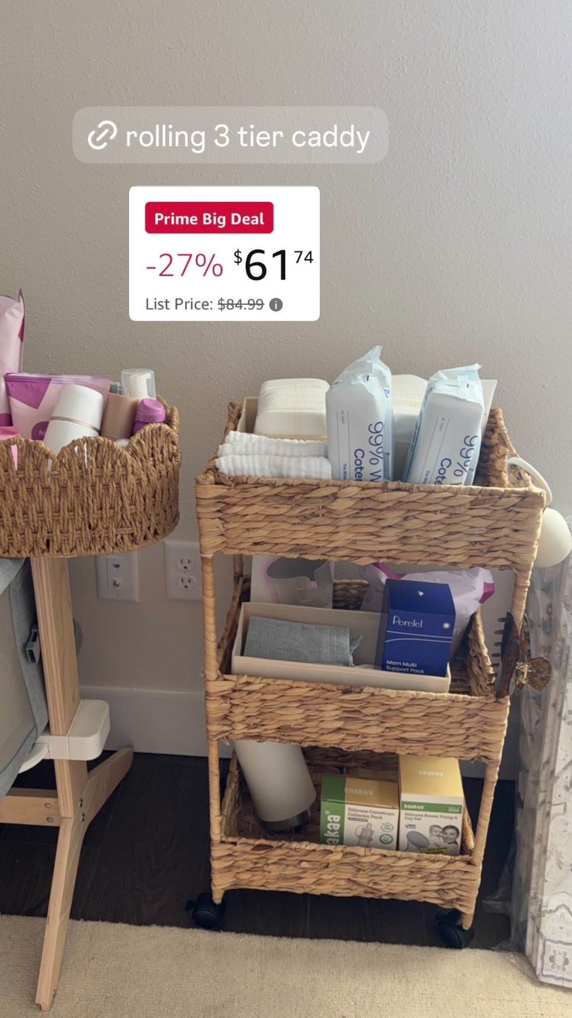 Our rolling 3 tier caddy to hold baby and postpartum items! On sale for Amazon Prime Big Deal Days!