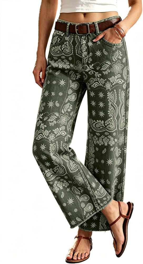 loveimgs Women Baggy Wide Leg Jeans Floral Print Denim Ankle Pants Flare Paisley Mid Rise Jeans S... | Amazon (US)