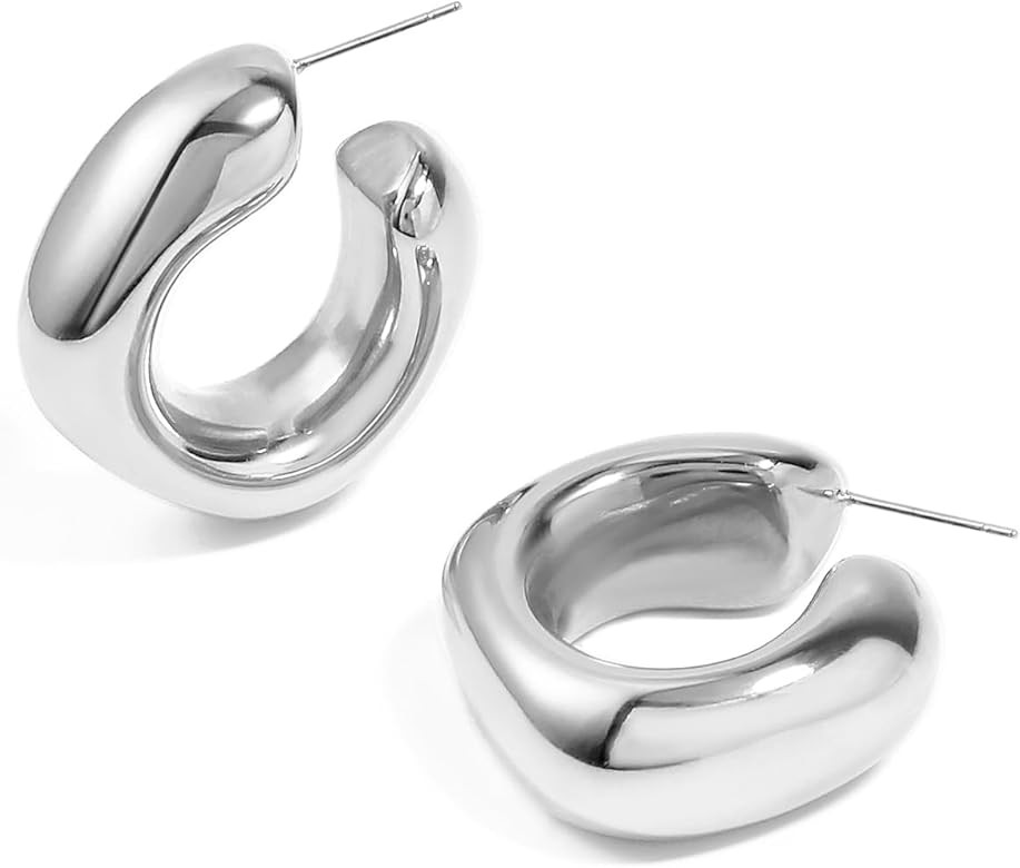 Chunky Gold Hoops Earrings for Women Thick 18K Real Gold Plated Open Hoop Lightweight Hollow Earr... | Amazon (US)