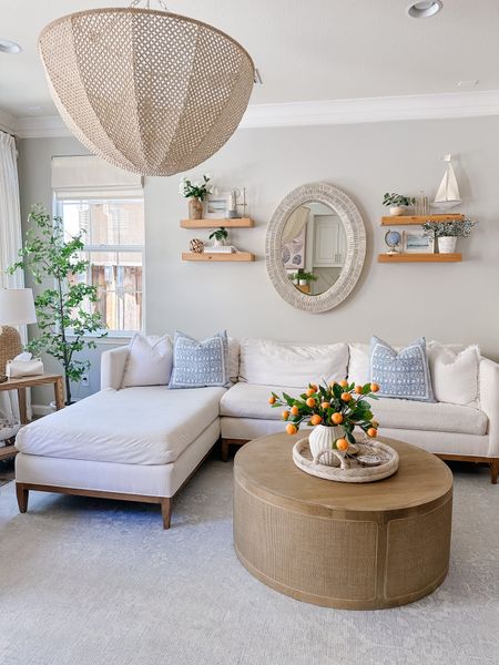 This space really shines in the summer. To make it feel more like summer in here I added my favorite orange stems and layered in the blue decorative pillows with these white linen fringe pillows from Amazon. Even the simplest of changes can make a difference in a space. Comment LIVING for a link sent to your DMs. 

#LTKHome