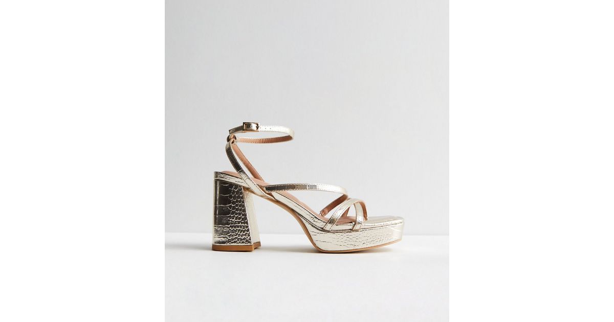 Gold Faux Croc Platform Block Heel Sandals | New Look | New Look (UK)