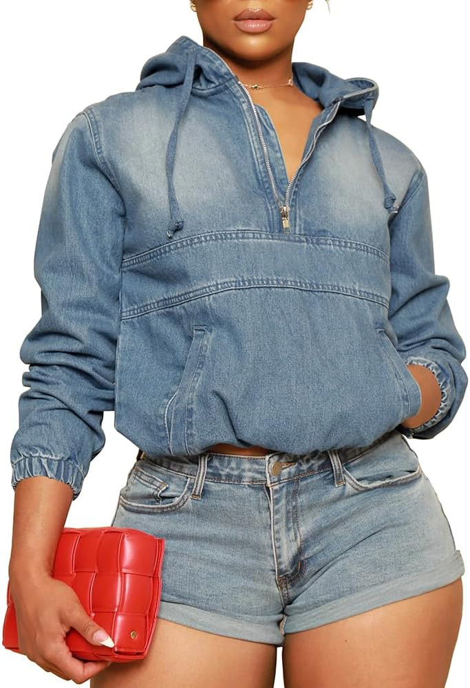 Women's Half Zip Denim Hoodie Pullover Jackets Jean Tops | Amazon (US)
