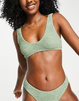 ASOS DESIGN mix and match crinkle skinny scoop crop bikini top in khaki | ASOS (Global)
