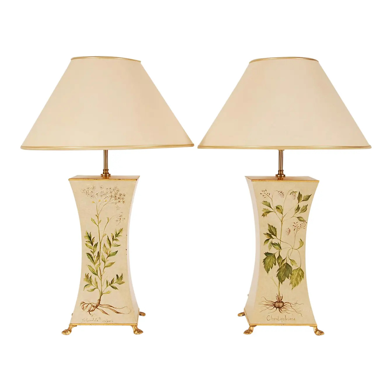 Vintage French Country Style Lamps Green and Off White Floral English Cottage Buffet Lamps Table ... | Chairish