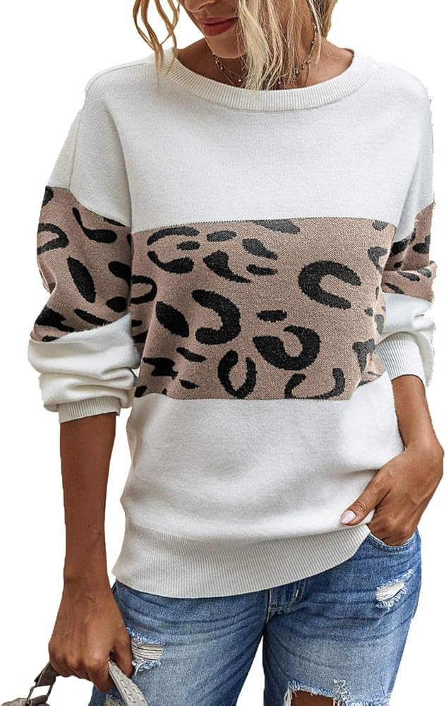 PRETTYGARDEN Women’s Casual Long Sleeve Off Shoulder Knitted Sweater Leopard Print Color Block ... | Amazon (US)