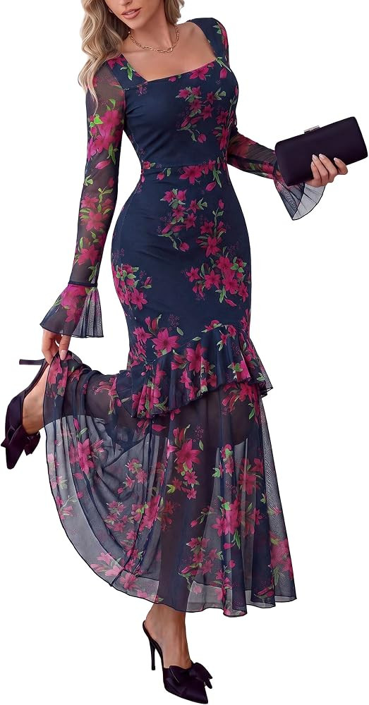 PRETTYGARDEN Womens Floral Long Sleeve Dress A Line Mesh Fall Maxi Dresses | Amazon (US)