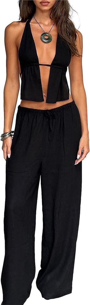 Women Sexy 2 Piece Outfits Tie Up Halter Neck Backless Tank Top and Wide Leg Drawstring Pants Set... | Amazon (US)