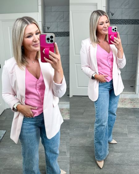 Loving this on trend Spring outfit. 

Can’t get enough of the vest trend. I just think it’s so cute alone or layered up like this with a blazer, cardigan or something more casual like a bomber jacket. 

The pink blazer linked is the same brand and fit as mine but the shade is slightly different. 

#LTKxTarget #LTKSeasonal #LTKstyletip