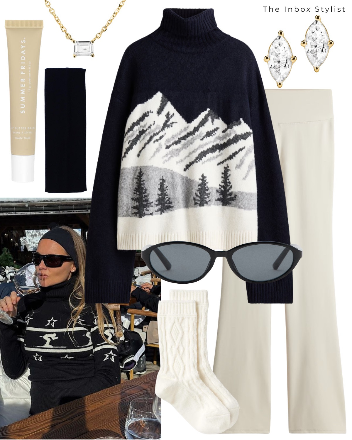 Ski style - whether you’re on the slopes or at home. 

Including ski knit jumper, cream flare leggings, white knit socks, oval sunglasses, diamond stud earrings, emerald cut diamond necklace, head band, lip gloss  

#LTKuk #LTKwinter #LTKstyletip