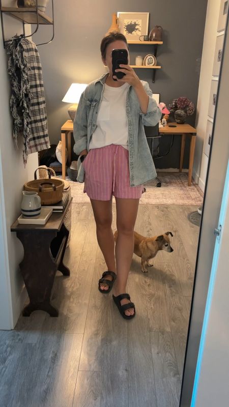 Easy spring / summer outfit! Yep, I’m wearing the same $20 linen Target fashion shorts, but in a different color today. And you haven’t even seen my third pair yet! 🤣Seriously, these shorts are so good for the price and I’ve been wearing them on repeat (just look a few posts back). I also found the most perfect $8 (!!!) Walmart fashion oversized pocket t-shirt and paired it with my fave little $26 denim shacket because what the heck is going on with this weather? Easy weekend outfit idea that’s also fashion on a budget - that’s how we do it! #walmartfashion #targetstyle #targetfashion target outfit  Walmart outfit  

#LTKStyleTip #LTKVideo #LTKSeasonal