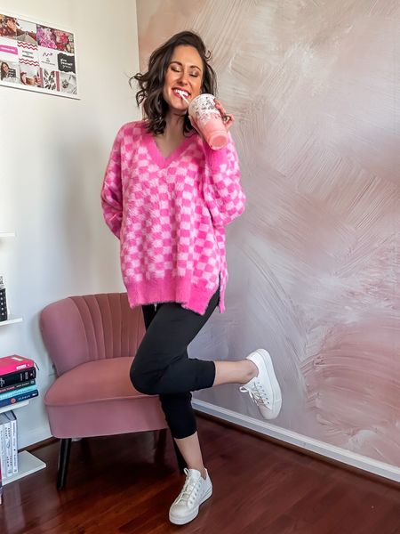 Comfy Valentine’s Day outfit inspo — 20% off my pink checkered sweater with Pink Lily discount code ERICA20 💗 under $50, wearing medium, so soft, stretchy & warm! 🙌🏼 

#LTKSeasonal #LTKunder50 #LTKbump