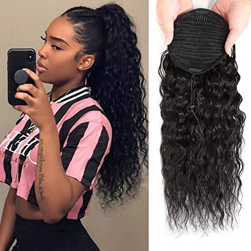 Human Hair Clip in Corn Wave Ponytail Extensions, Long Wrap Drawstring Curly Clip on Pony Tail Ha... | Amazon (US)