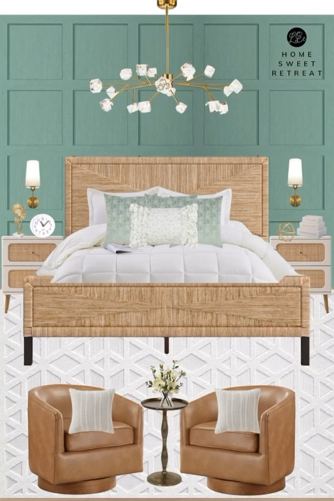 Loving this bedroom inspiration featuring sage green and tans. A rattan headboars and leather swivel chairs, a gorgeous statement light and a chic dressing space  

#LTKStyleTip #LTKSaleAlert #LTKHome