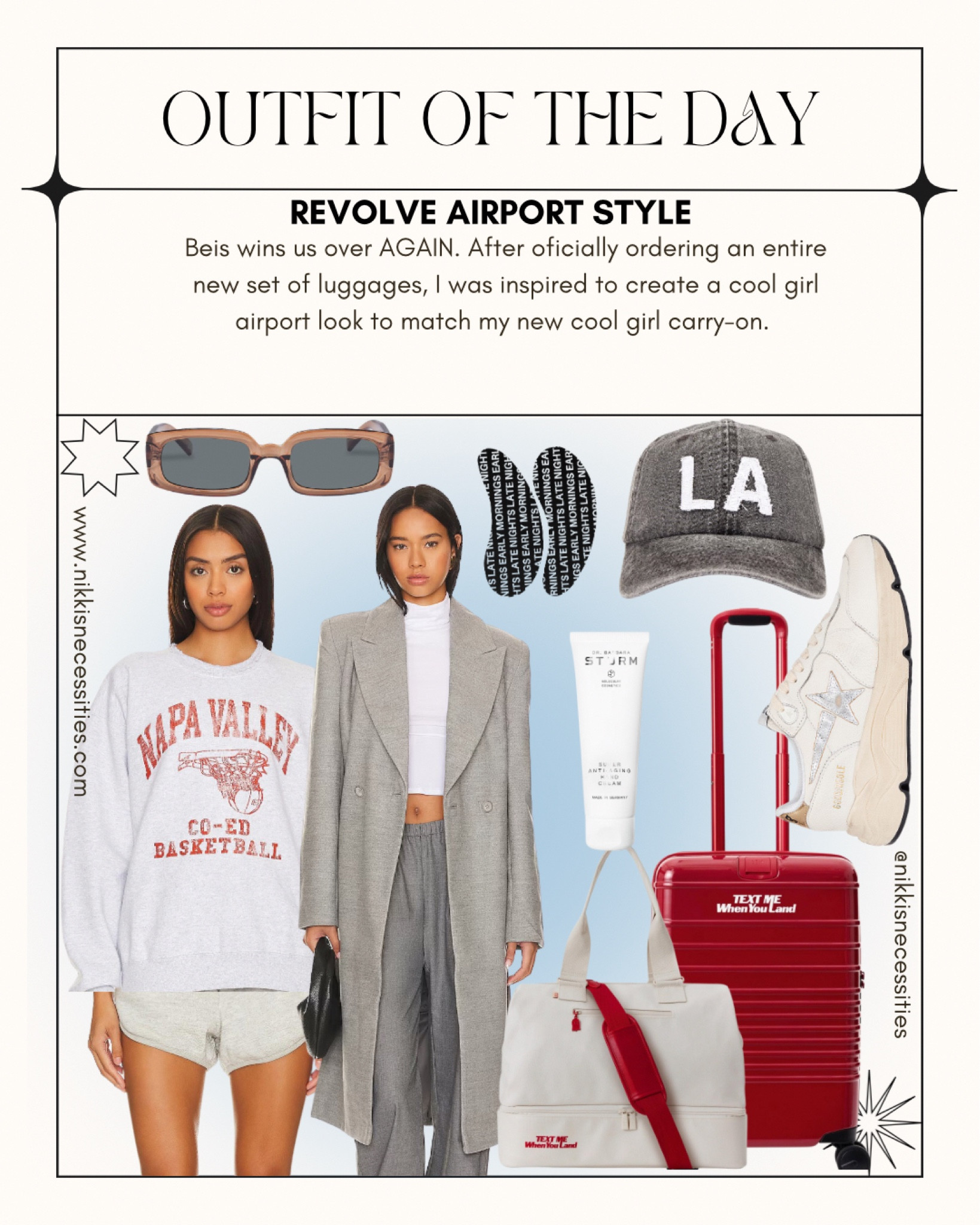 Revolve finds 
Airport looks 
Revolve fashion
Airport fashion 
Baseball cap
Red beis luggage 
The weekender 
Grey sweater 
Hydrating eye masks 
Hand cream 
Anti-aging 
Travel outfits 
Travel hacks 
Packing help 
LTK 

#LTKtravel #LTKstyletip #LTKSeasonal