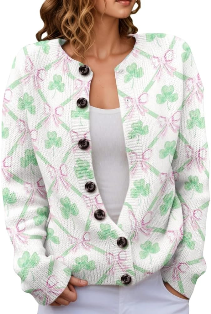 TIAFORD Womens St Patricks Day Knit Open Front Cardigan 2026 Lucky Irish Shamrock Pattern Festive... | Amazon (US)