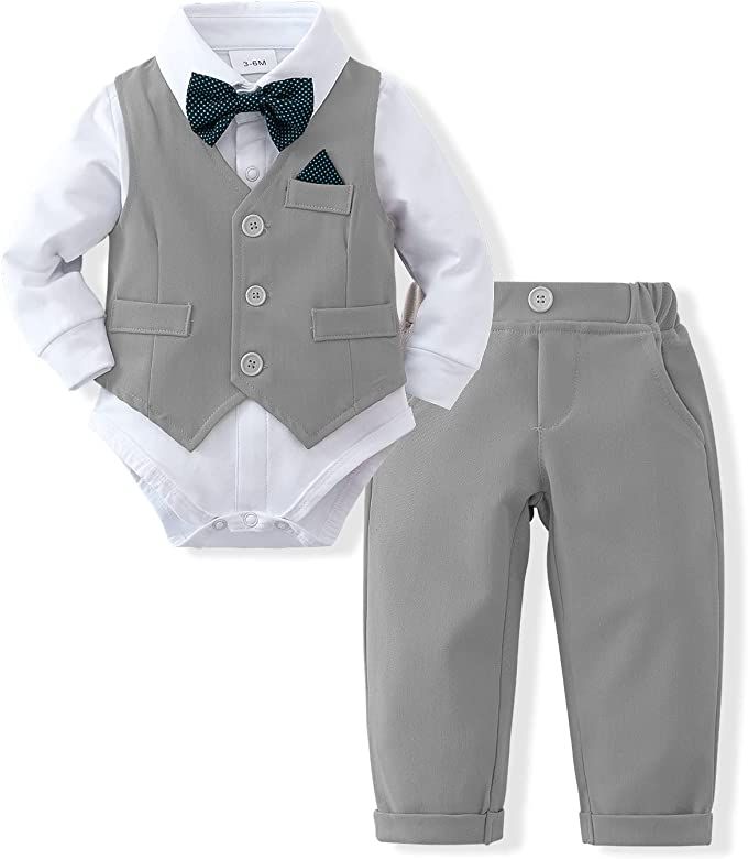 DISAUR Baby Boy Clothes Toddler Boy Outfits, 4PC Gentleman Dress Romper + Vest + Pants + Bow Tie Cot | Amazon (US)