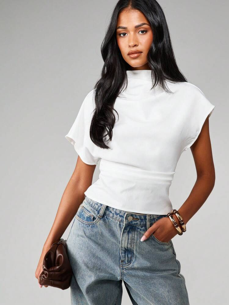 MISSGUIDED Mock Neck Short Sleeve Boxy Fit Knit Top With Cuffed Sleeves For Casual Layering And Everyday Wear | SHEIN
