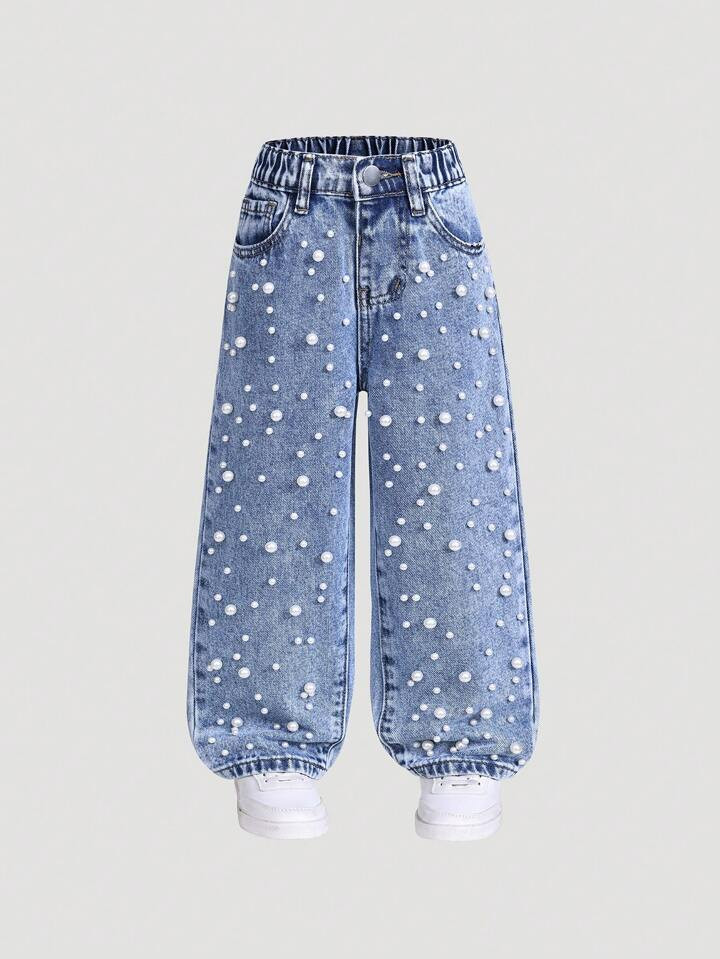 SHEIN Streecool Kids Girls Faux Pearl Decor Straight Leg Jeans | SHEIN