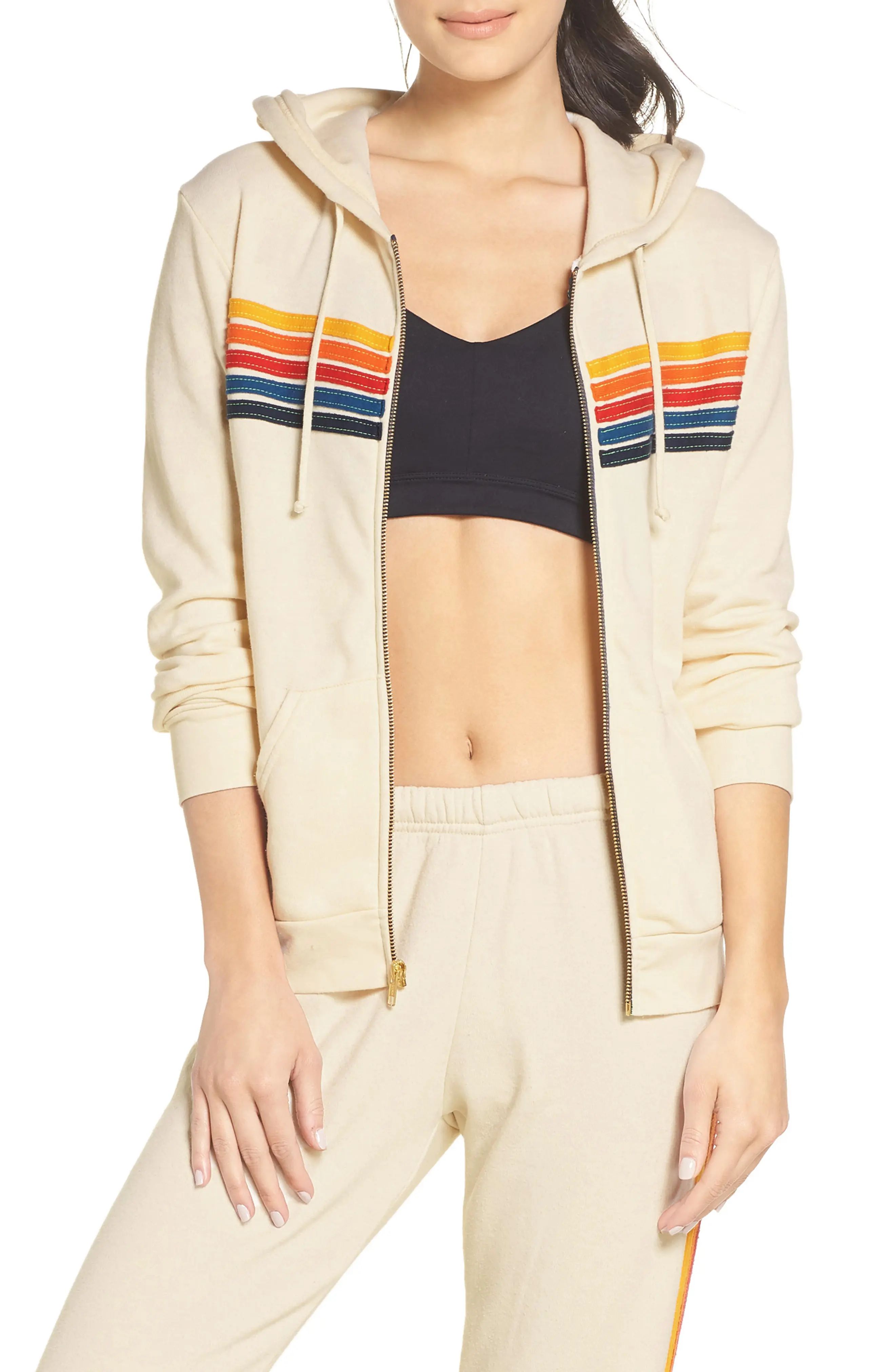 Aviator Nation 5-Stripe Zip Hoodie in Vintage White/Rainbow at Nordstrom, Size X-Small | Nordstrom