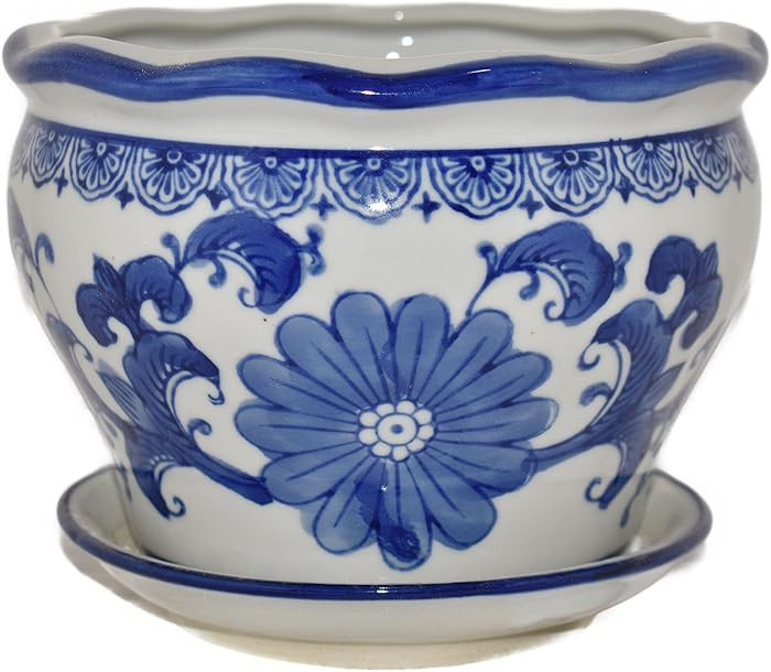 6" Beautiful Ruffel Scalloped Top Oriental Daisy Flowers & Vine Blue & White Ceramic Potbelly Sha... | Amazon (US)