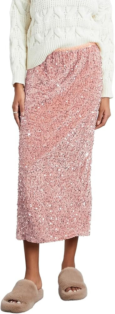 Women's Elegant Sparkly Sequin Midi Skirt Elastic High Waist Shiny Glitter Pencil Formal Party Lo... | Amazon (US)