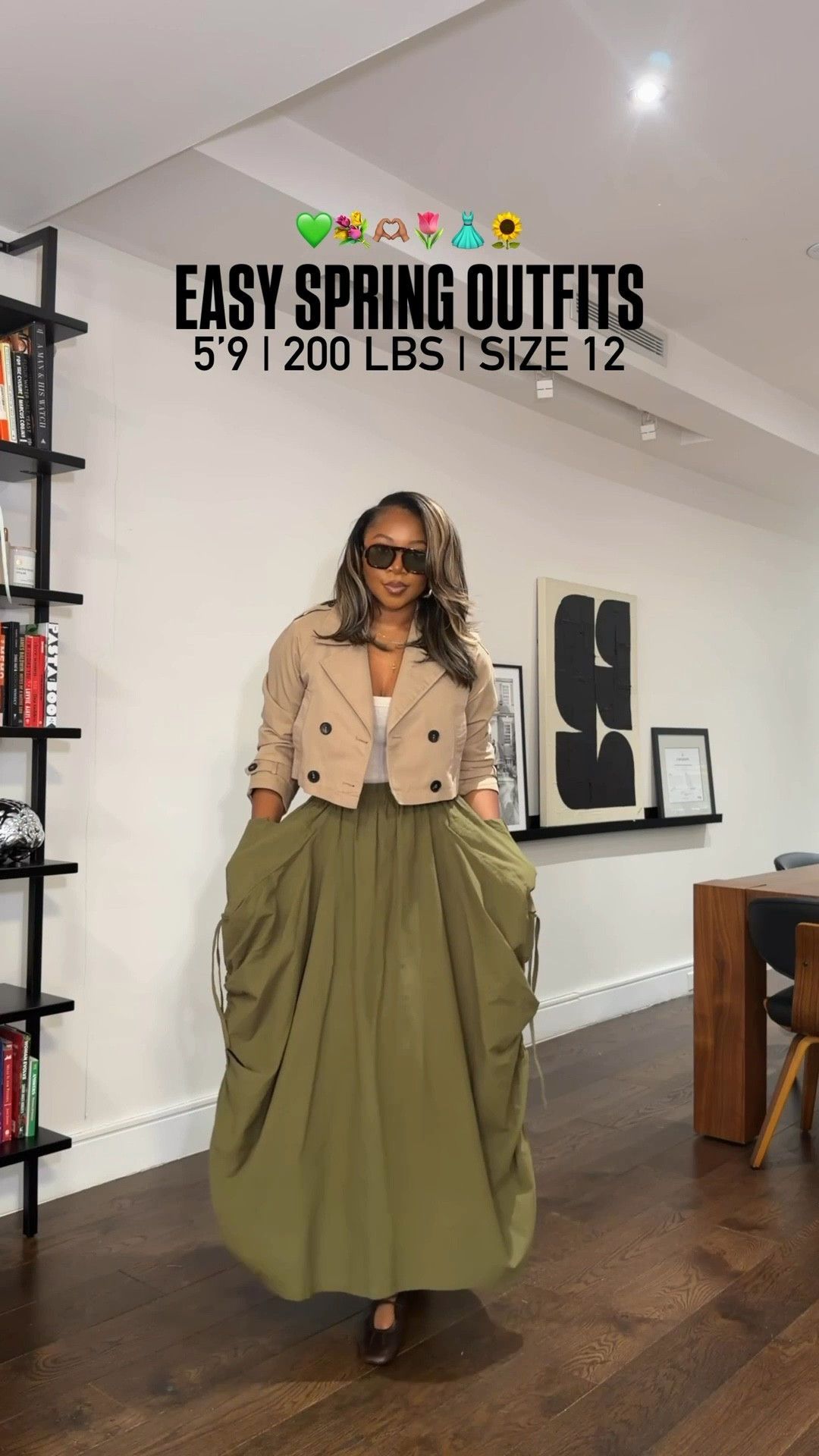 Easy green looks for spring!! 5’9 200
Lbs size 12 wearing large in green set, large button down with size XL white pants, small green jacket, medium tank, size 12 jeans, small trench, small tank, large harem skirt 