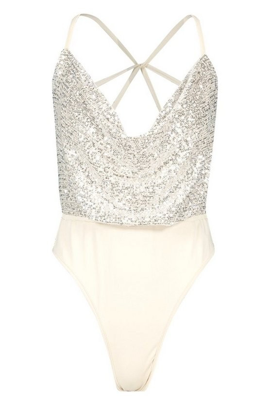 Cowl Front Sequin Strappy Bodysuit NUDE-12 | Boohoo.com (US & CA)