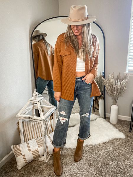 Shacket - 25% off code: 25RBS5ZU stayed tts (large) size up for a more “jacket” look vs shirt, 9 colors 
Tank - tts (large) 
Jeans - sized down twice! (6 long) linked other washes too
Boots - tts (11) 4 colors, up to size 14

#LTKsalealert #LTKcurves #LTKstyletip