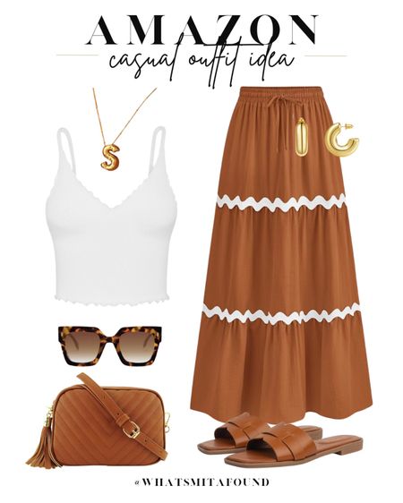 Amazon outfit idea, casual outfit idea, spring outfit idea, summer outfit idea, maxi skirt, tiered maxi skirt, riff raff maxi skirt, embellished maxi skirt, tan maxi skirt, brown maxi skirt, lettuce hem tank, v neck tank, white tank top, tan purse, brown purse, quilted purse, crossbody purse, tan sandals, woven sandals, brown sandals, summer sandals, tortoise shell sunglasses, trendy sunglasses, initial necklace, bubble initial necklace, gold hoops 

#LTKitbag #LTKfindsunder50 #LTKshoecrush
