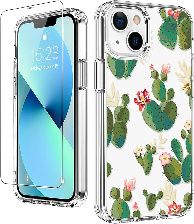 LUHOURI Clear iPhone 13 Case with Screen Protector,Cactus in Flower Designs on Crystal Cover for ... | Amazon (US)