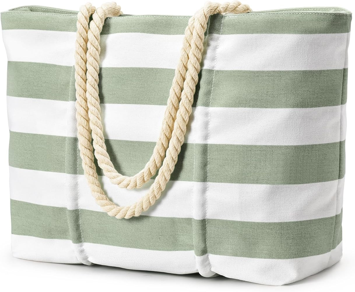 Becokan Beach Bag Large Waterproof Sandproof Canvas Beach Tote Bag with Zipper Swim Pool Bag Trav... | Amazon (US)