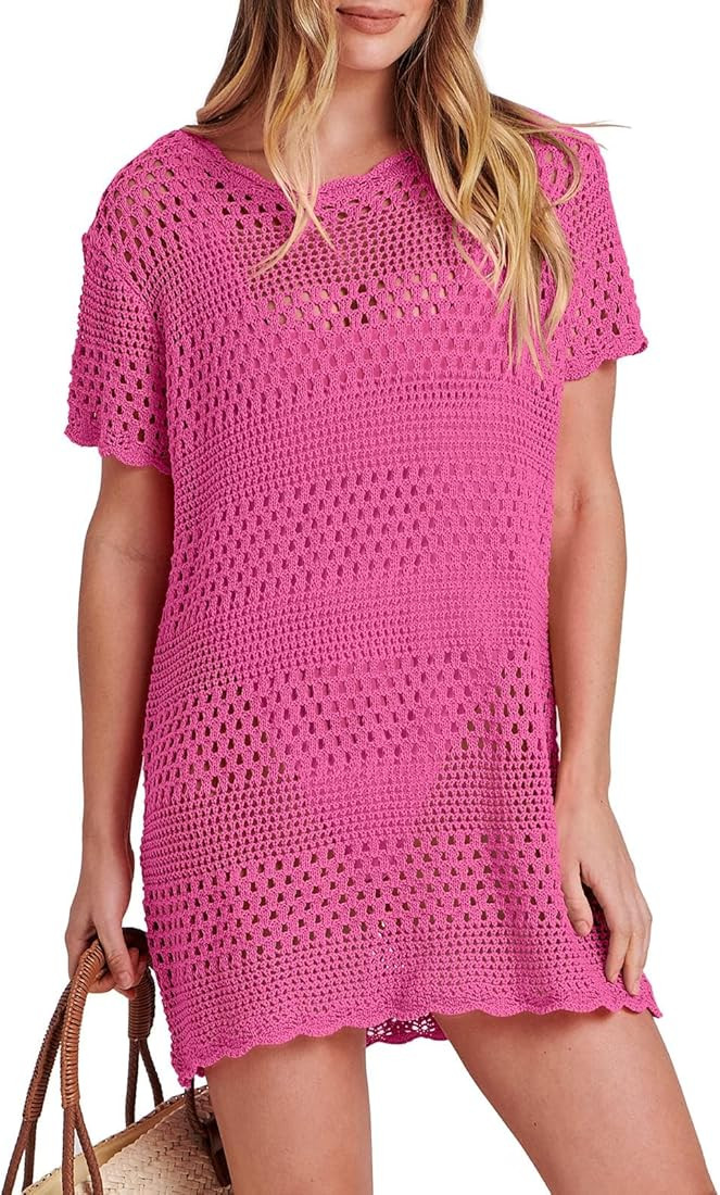 ANRABESS Women Swimsuit Crochet Swim Cover Up Summer Bathing Suit Swimwear Knit Short Sleeve Pull... | Amazon (US)