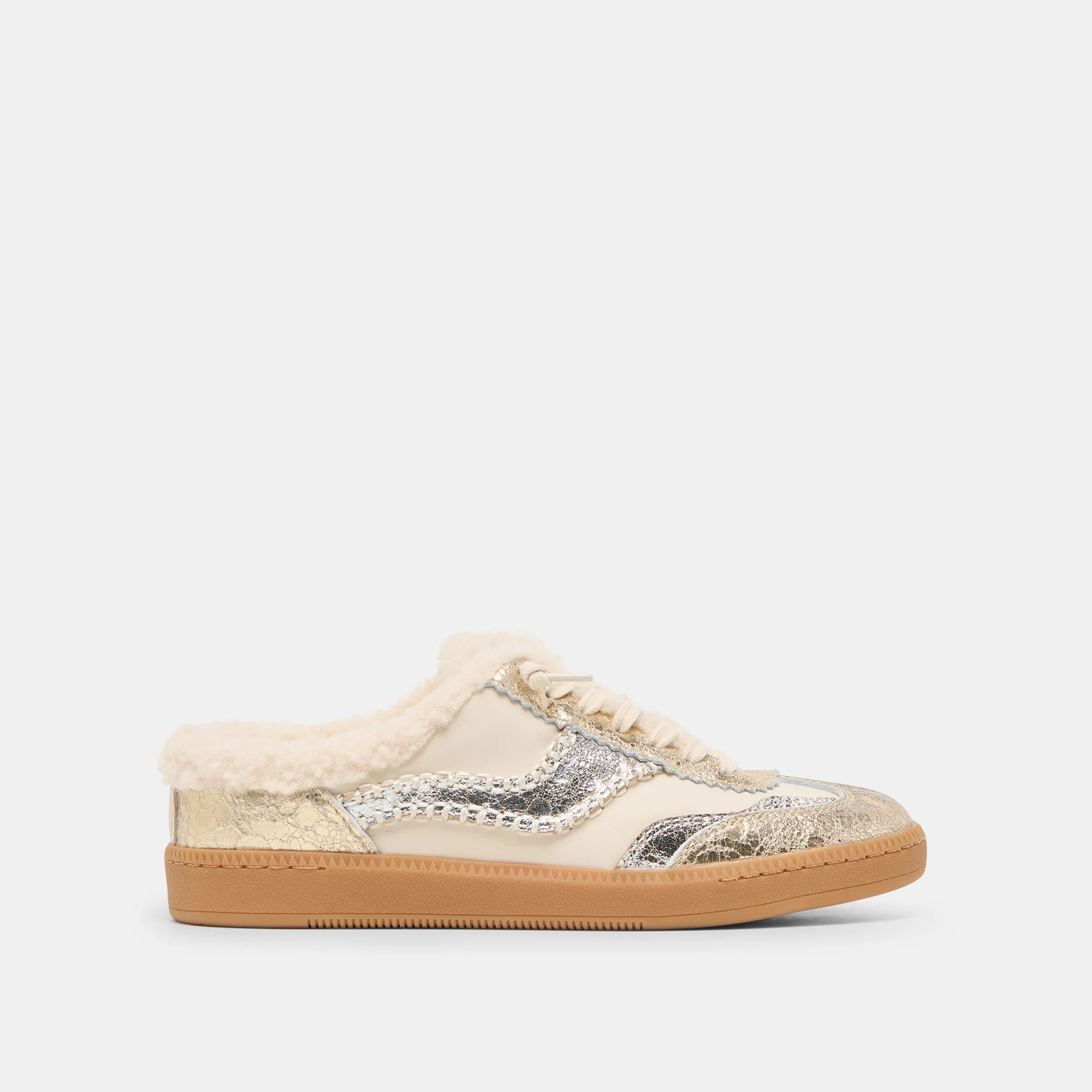 Notice Slide Plush Silver Gold Crackled Leather | DolceVita.com