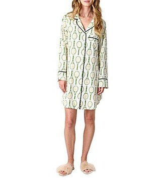 Katie Kime Tennis Time Printed Cotton Woven Notch Collar Long Sleeve Button Front Sleep Shirt - XS | Dillard's