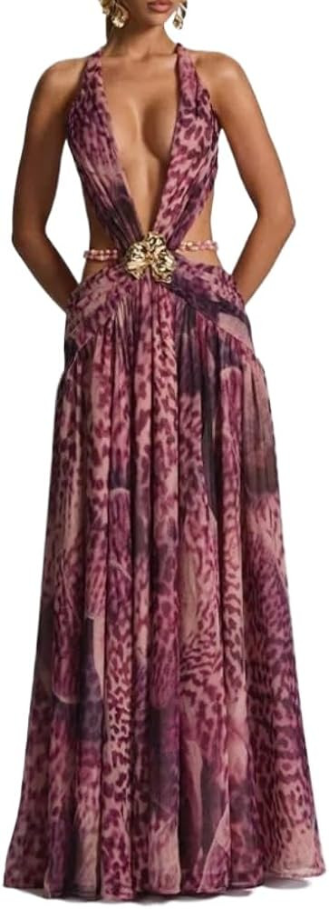 Women Leopard Patchwork Maxi Dress -Seashell Decoration Halter Low-Neck Backless Ruched Side Spli... | Amazon (US)