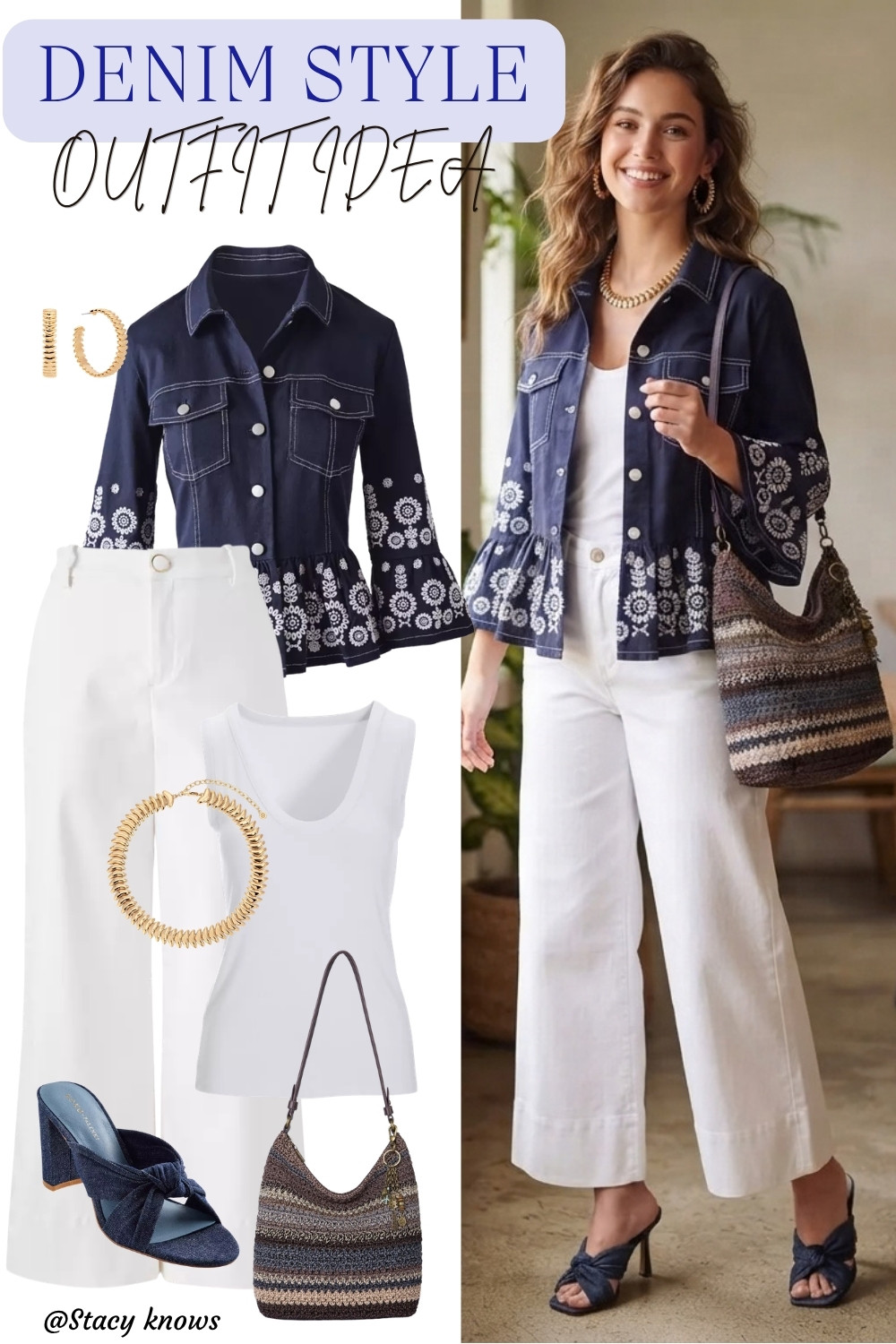 Loving this navy embroidered peplum jacket paired with crisp white wide-leg pants. Accessorized with stunning gold jewelry—including textured hoop earrings and a statement necklace—and adorable denim block-heel mules. Don't forget the perfect multi-tonal hobo bag!
#LTKsummer #SummerStyle #OOTD #Peplum #WhitePants #GoldJewelry #DenimMules #ChicOutfit #VacationStyle 

 #LTKgrwm #LTKootd #LTKSeasonal