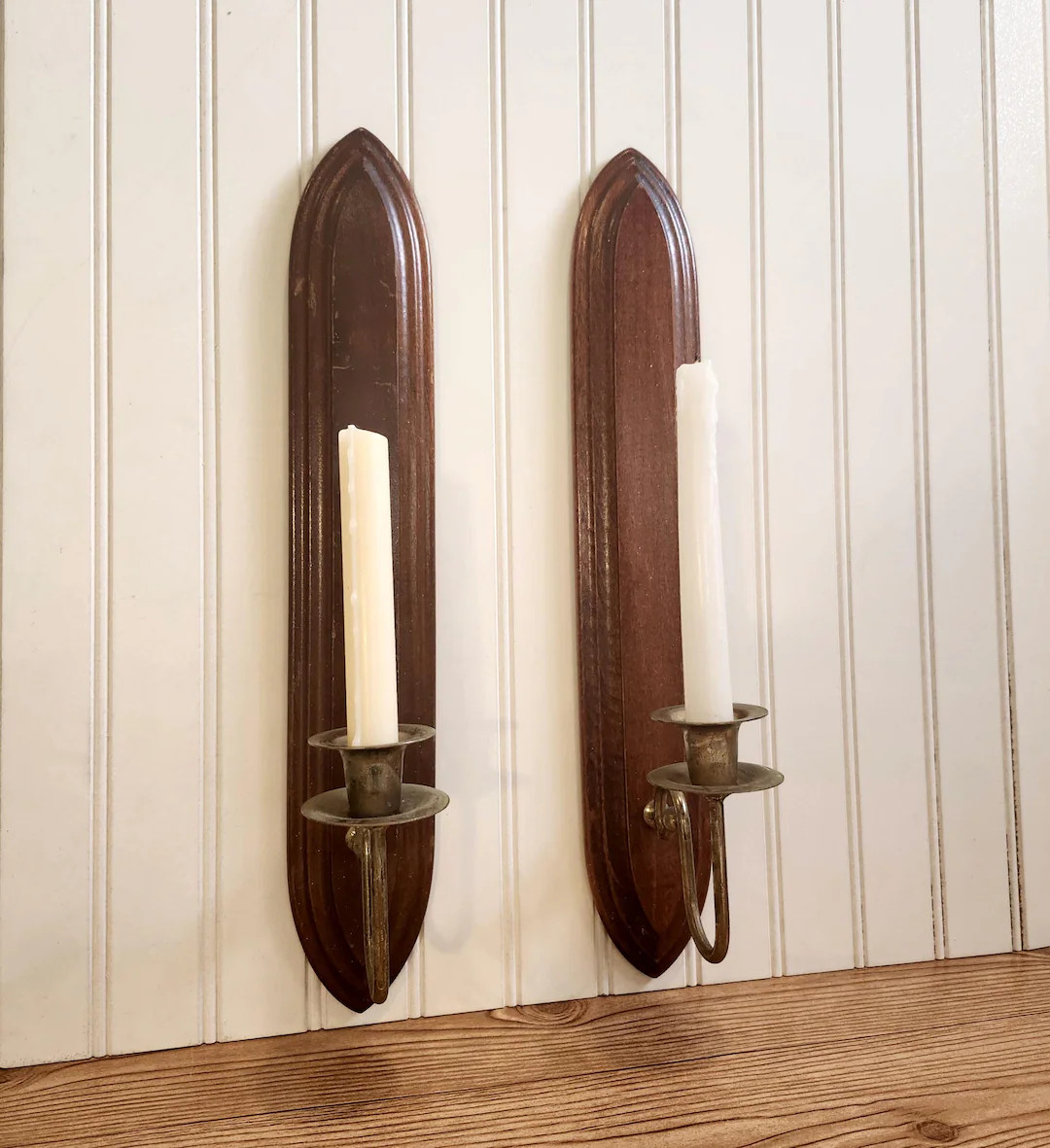 Vintage Wood Walnut & Brass Wall Sconces Taper Candles1970s Decor, Cozy Cottagecore Farm House Wa... | Etsy (US)