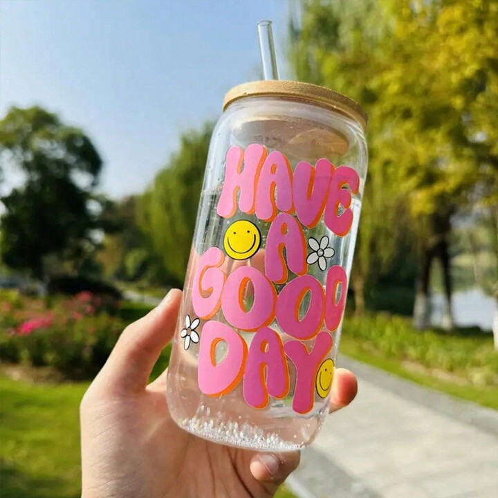 1pc, 16oz Can Shaped Glass Drinking Cup With Lid And Straw - Perfect For Iced Coffee, Beer, Juice... | SHEIN