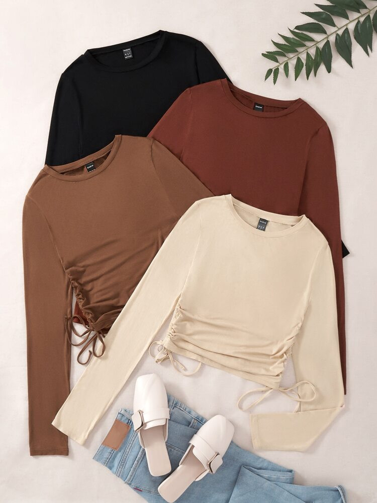 4pcs Solid Drawstring Side Tee | SHEIN