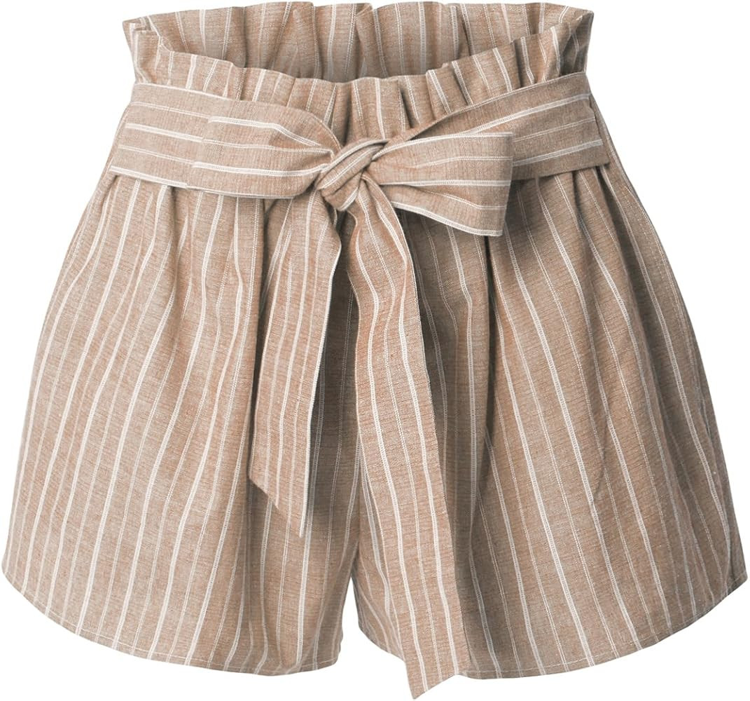 RK RUBY KARAT Womens Casual High Waisted Self Tie Striped Linen Summer Shorts | Amazon (US)