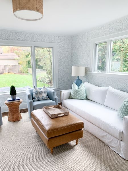 Blue and white living room, coastal living room, white slipcover couch 

#LTKhome