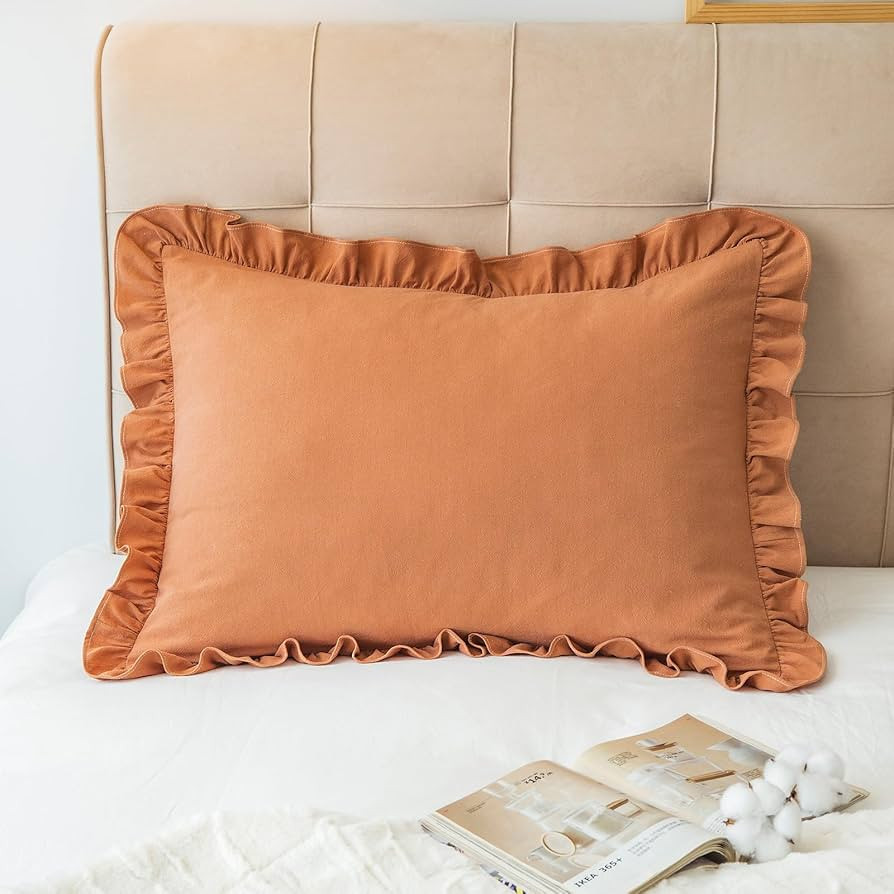 Pillow Shams Set of 2 Washed 100% Cotton Retro Ruffle Flounces Trim Solid Beige Decorative Pillow... | Amazon (US)