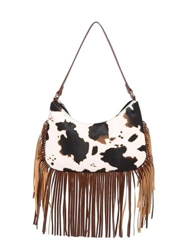 OYOANGLE Women's Boho Cow Print Fringe Trim Underarm Bags Western Cowgirl Zipper Handbags Vintage Shoulder Purse Brown One Size | Amazon (US)