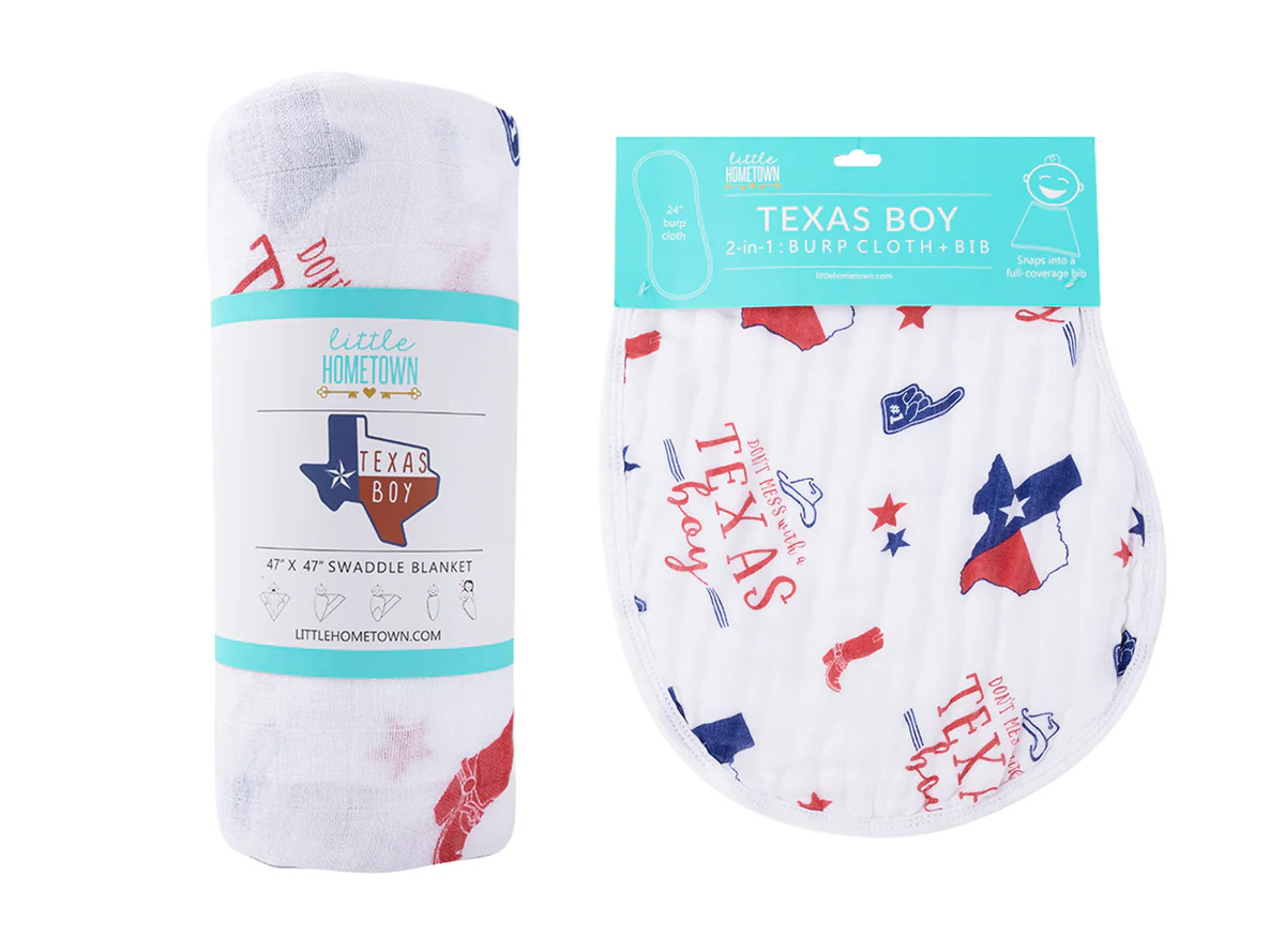 Gift Set: Texas Baby Boy Muslin Swaddle Blanket and Burp Cloth/Bib Combo | Little Hometown