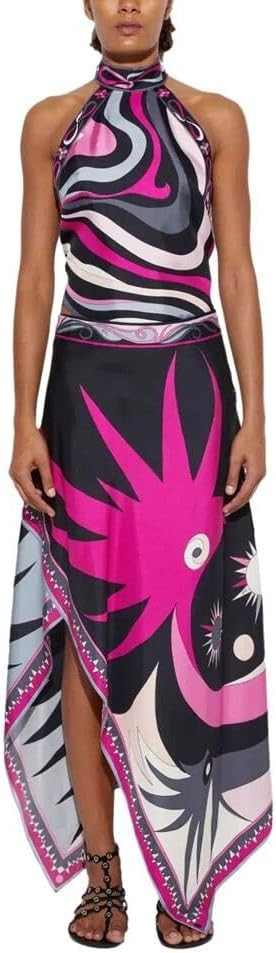 Wuitrie Two Piece Skirt Set for Women Summer Fashion Printed Satin Hanging Backless Top Irregular Midi Skirt Trendy Set | Amazon (US)