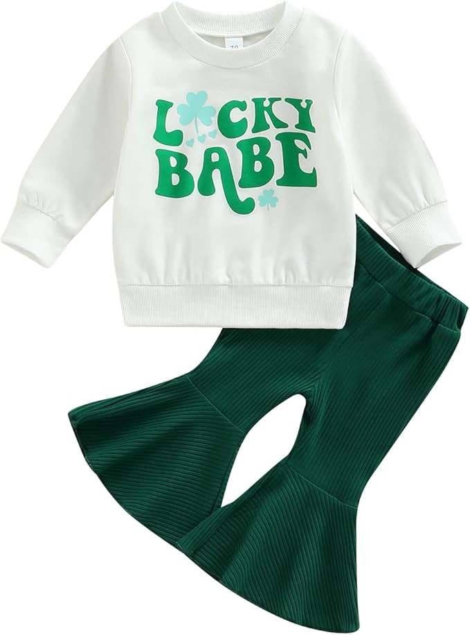 Baby Girl St Patricks Day Outfit Newborn Infant Toddler Lucky Charm Shirt Top Flared Pants Set Cl... | Amazon (US)