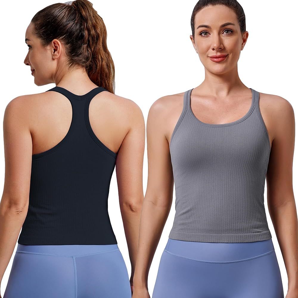 Evercute Ribbed Workout Tank Tops for Women Racerback Seamless Crop Tank Tops with Built in Bra A... | Amazon (US)