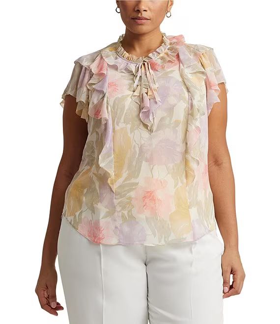 Lauren Ralph Lauren Plus Size Crinkle Georgette Floral Ruffled Tie Neck Short Sleeve Blouse | Dil... | Dillard's