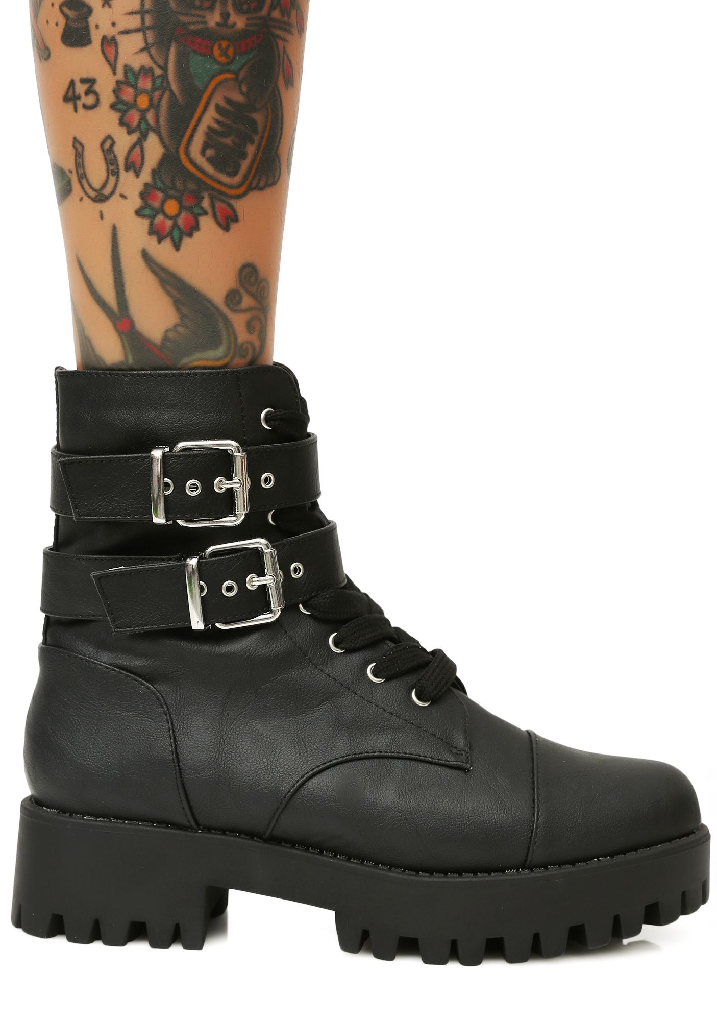 Buckle Lace Up Black Combat Boots | Dolls Kill
